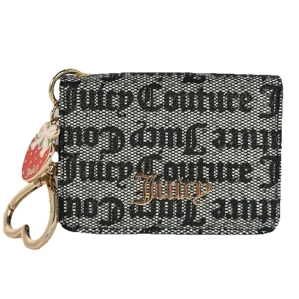 Juicy Couture Black Beige Monogram Card Holder Wallet Strawberry‎ Charm